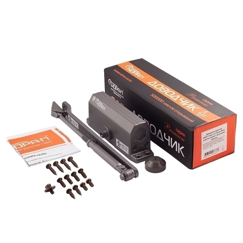 Комплектация и упаковка Доводчик дверной с фиксацией 3S-F бол. цвет Графит Нора-М