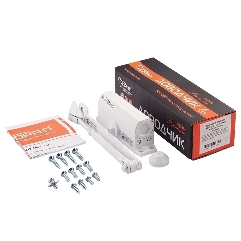 Комплектация и упаковка Доводчик дверной 2S цвет Белый Нора-М