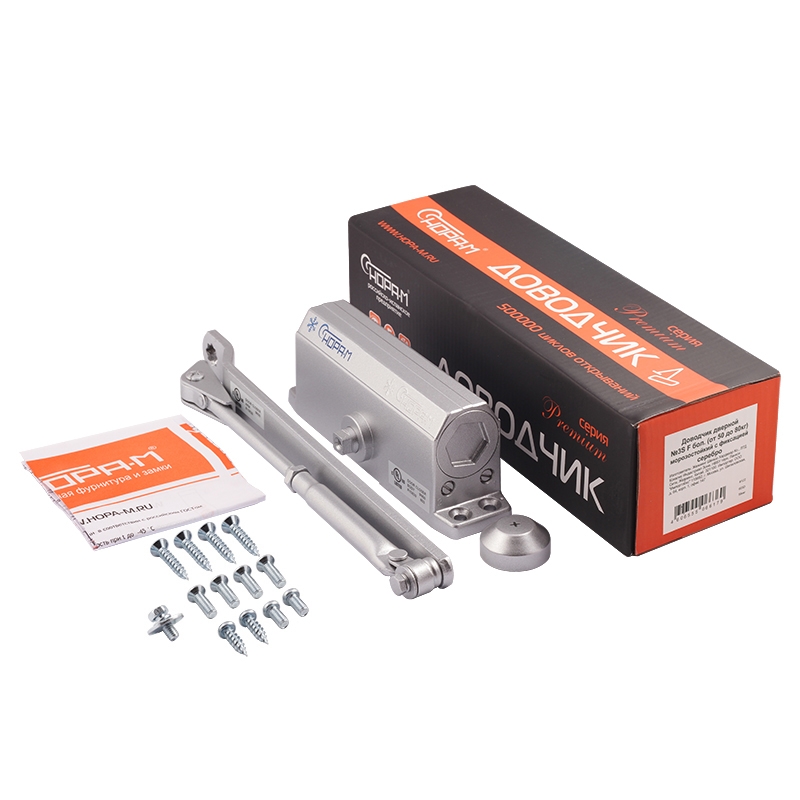 Комплектация и упаковка Доводчик дверной с фиксацией 3S-F бол. цвет Серебро Нора-М