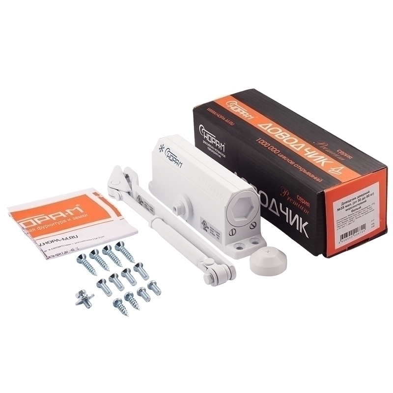 Комплектация и упаковка Доводчик дверной 3S мал. цвет Белый Нора-М