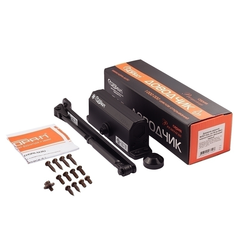 Комплектация и упаковка Доводчик дверной с фиксацией 3S-F бол. цвет Черный Нора-М