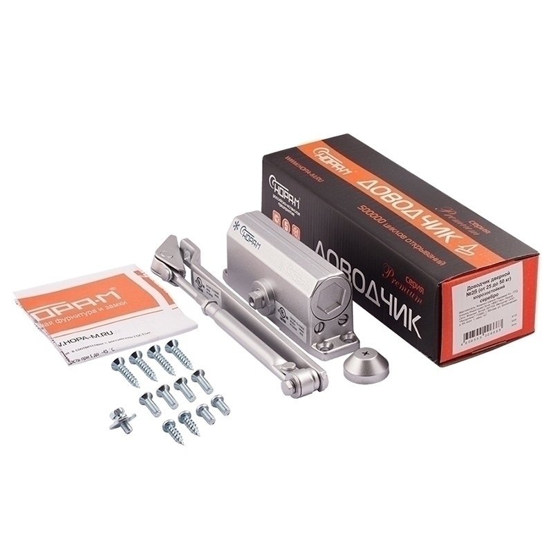 Комплектация и упаковка Доводчик дверной 2S от 25 до 70 кг цвет Серебро Нора-М