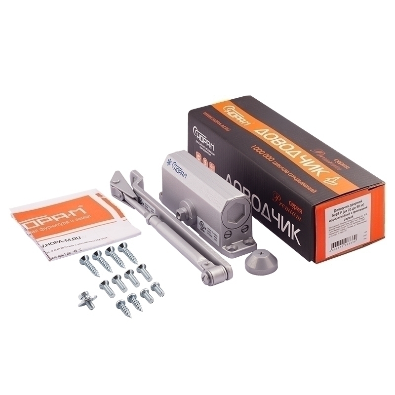 Комплектация и упаковка Доводчик дверной с фиксацией 2S-F цвет Серый Нора-М