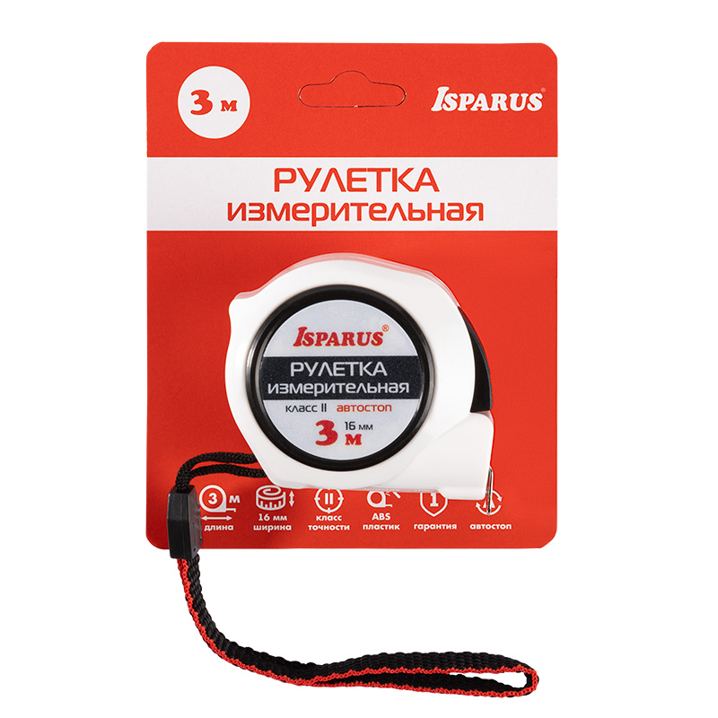 Комплектация и упаковка Рулетка измерительная  ISPARUS 3 м х 16 мм c автостопом цвет Белый Нора-М