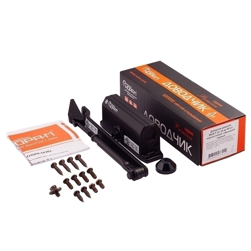 Комплектация и упаковка Доводчик дверной с фиксацией 2S-F цвет Черный Нора-М