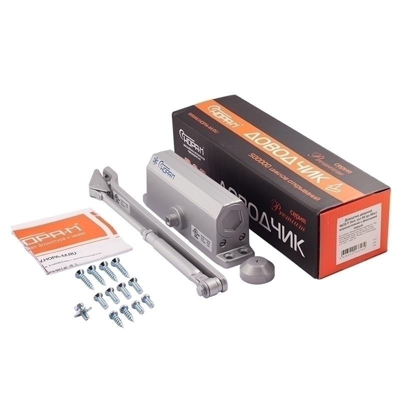 Комплектация и упаковка Доводчик дверной с фиксацией 3S-F бол. цвет Серый Нора-М