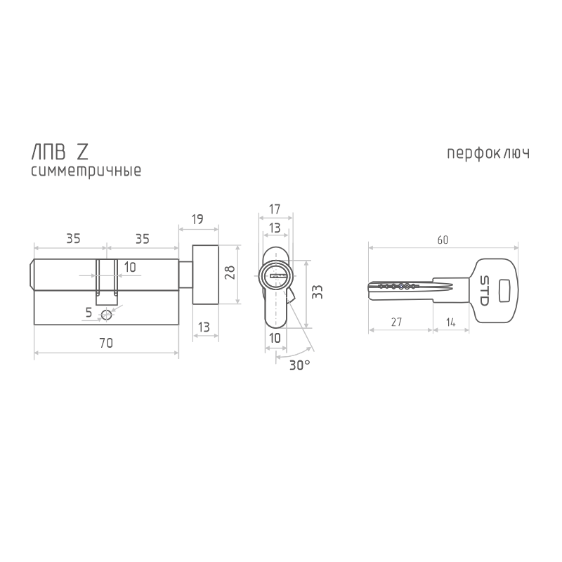 Схема Цилиндр STD Z ЛПВ цвет Старая медь Нора-М